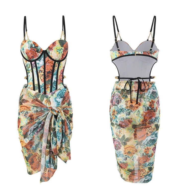 Floral Corset-Style Swimsuit with Sheer Wrap Skirt Set